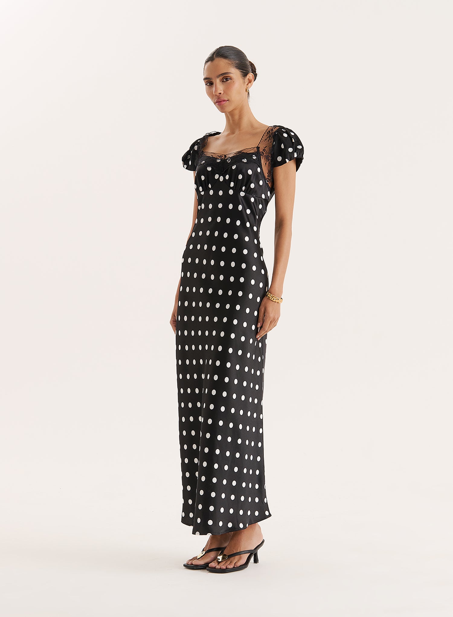 Black Polka Dot Print Satin Slip Maxi Dress